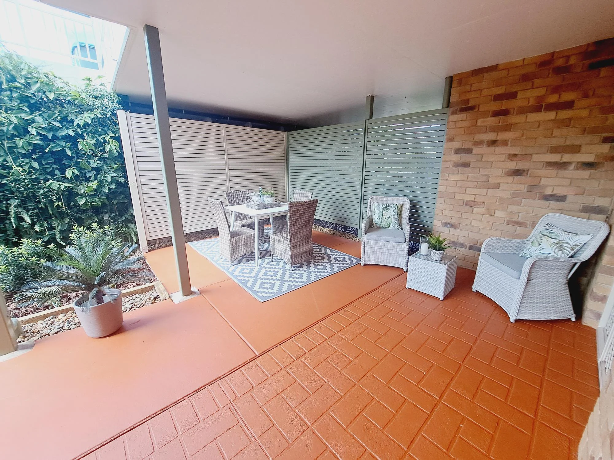 Stylish outdoor patio at Unit 63 in Sundale retirement community.
