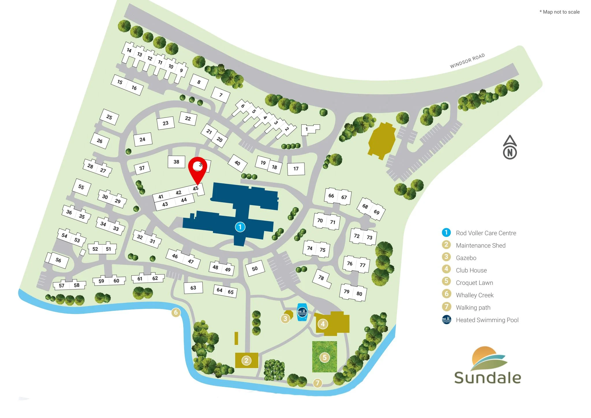Map of Sundale's retirement community showcasing Unit 45's easy low maintenance living features.