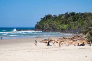 Scenic view of Coolum Beach on the Sunshine Coast, Queensland, with sandy shoreline and ocean views.